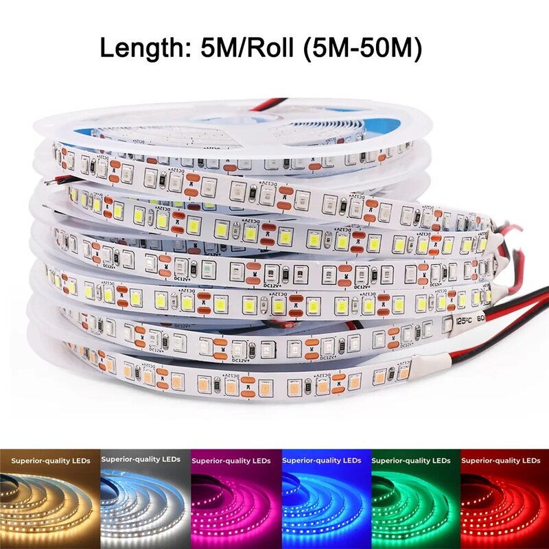 Tira de Luces LED RGB de 5M, 12V, 2835 SMD, 60LED/m, 120LED/m, resistente al agua, 10M, 20M, Blanco cálido