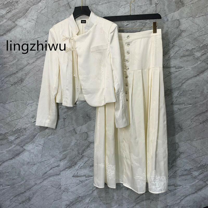 lingzhiwu Chinese Style Skirt Set 2024 Spring Jacquard Stand Collar Short Top Long Skirts Suit Twinset New Arrive