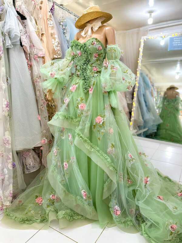Wiosenna wróżka zielona sukienka urodzinowa z odkrytymi ramionami wieczorowa suknia ślubna suknie Cosplay z kwiatkiem do sesji zdjęciowej
