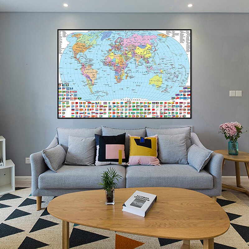 Carte du monde dans la 21e carte politique avec drapeaux de pays, atlas du monde non CUWorld, décoration d'affiche pour cadeau, 90x60cm