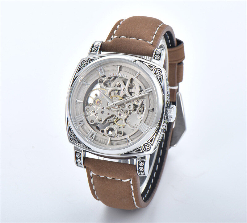 Vintage นาฬิกาสายรัดเหล็กผู้ชายนาฬิกากลไก Clear Designer ธุรกิจ Flock Band นาฬิกาข้อมือสำหรับผู้ชาย10เมตรกันน้ำอัตโนมัตินาฬิกา
