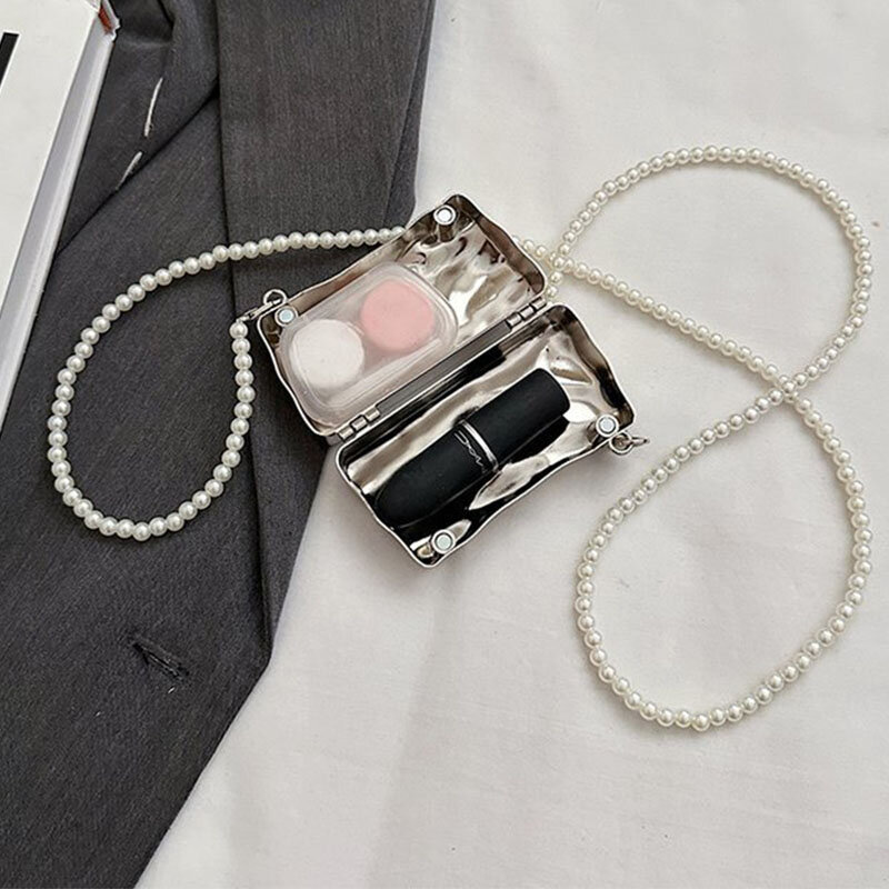 Mini Metal Evening Handbag Box for Lady 2024 Trend Pearl Chain Crossbody Shoulder Girl Lipstick Satchel Purse Wedding Bridal Bag