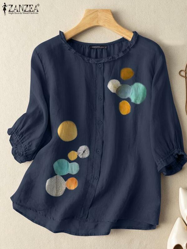 Camisa de botão ZANZEA para mulheres, manga 3/4, blusa impressa, tops de túnica, casual, elegante, trabalho OL, elegante, verão, 2024