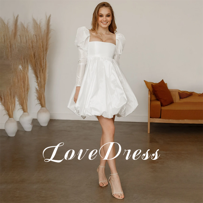LoveDress-vestido de novia de tafetán con cuello cuadrado para mujer, traje de boda de princesa, mangas largas, hombros abullonados
