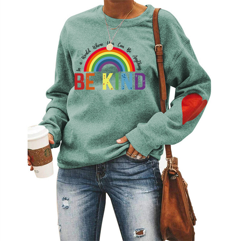 New spring and autumn women's cotton BE KIND sleeves love fashion casual print vintage round neck long sleeve hoodie