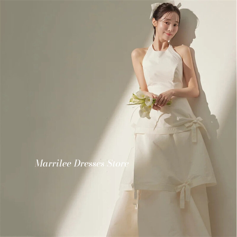 Marrilee-Simples Marfim A-Line Bow Vestidos de Noite, Bolo Mancha, Halter Charming, mangas até o chão, Tiered Prom Party Gowns, 2024