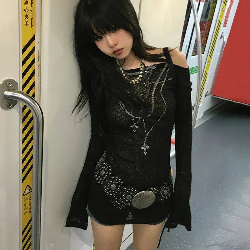 Karrram atasan rajut Jepang Y2k kaus lengan panjang gambar tato Grunge leher Vintage Harajuku Shirring pakaian rajut 2000s Gotik
