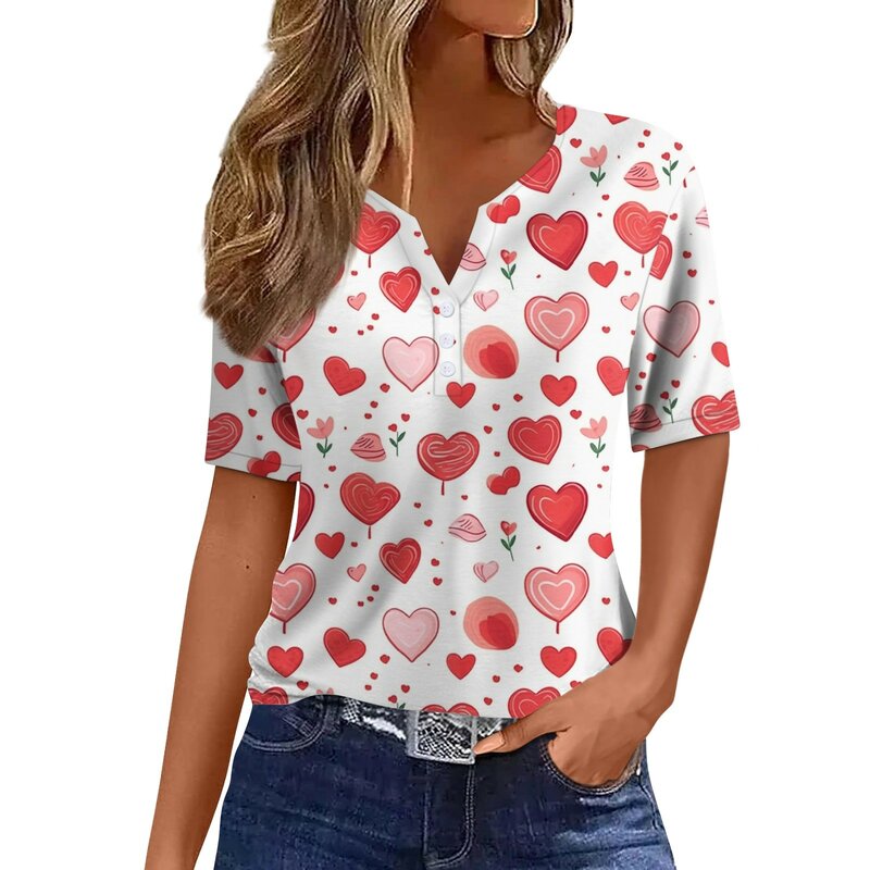 Женская Классическая футболка на пуговицах, Повседневная Базовая футболка с коротким рукавом и V-образным вырезом, с принтом на День святого Валентина