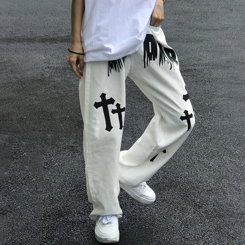 American Style Washed Jeans Men's Trendy Brand Straight Pants White Loose Casual Pants Street Skateboard Hiphop Neutral Trousers