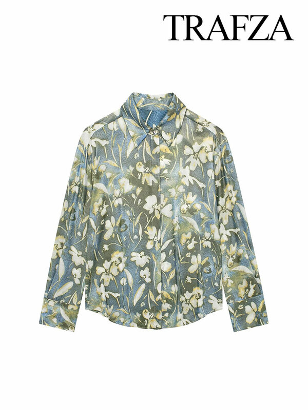 TRAFZA Spring Fashion Shirts For Women 2024 Long Sleeves Vintage Lapel Metallic Flower Print Causal Loose Single Breasted Blouse