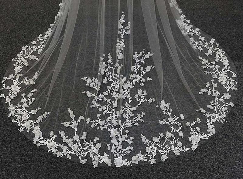 حجاب زفاف أنيق مع مشط ، حافة دانتيل كاتدرائية ، بتلات رائعة ، حجاب زفاف مع مشط ، زهور ثلاثية الأبعاد ، طبقة واحدة طويلة
