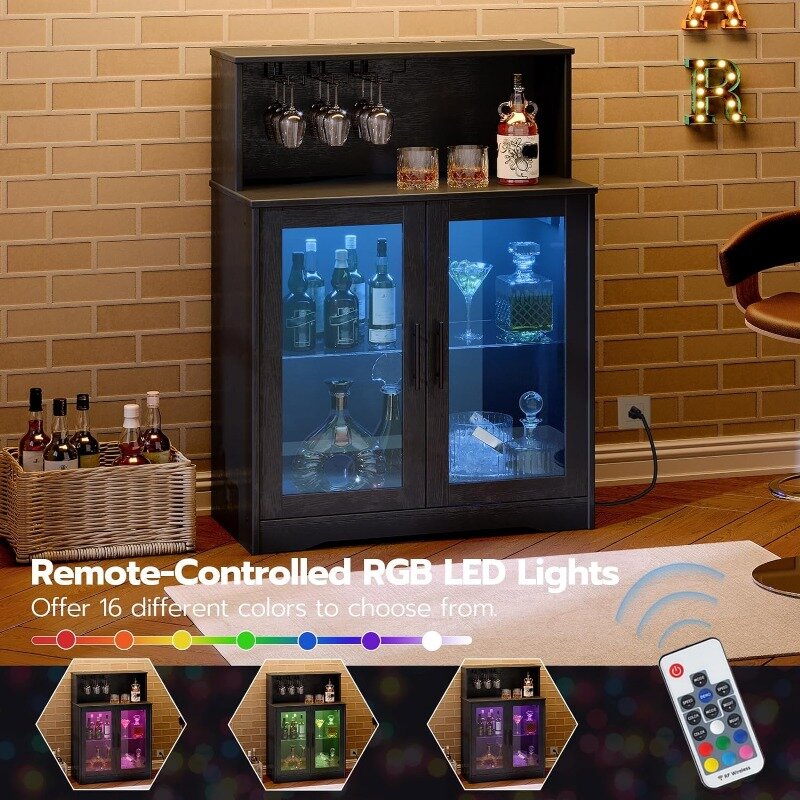 Wine Bar Cabinet with Storage, LED Liquor Cabinet with Power Outlets, Coffee Bar Cabinet for Liquor and Glasses
