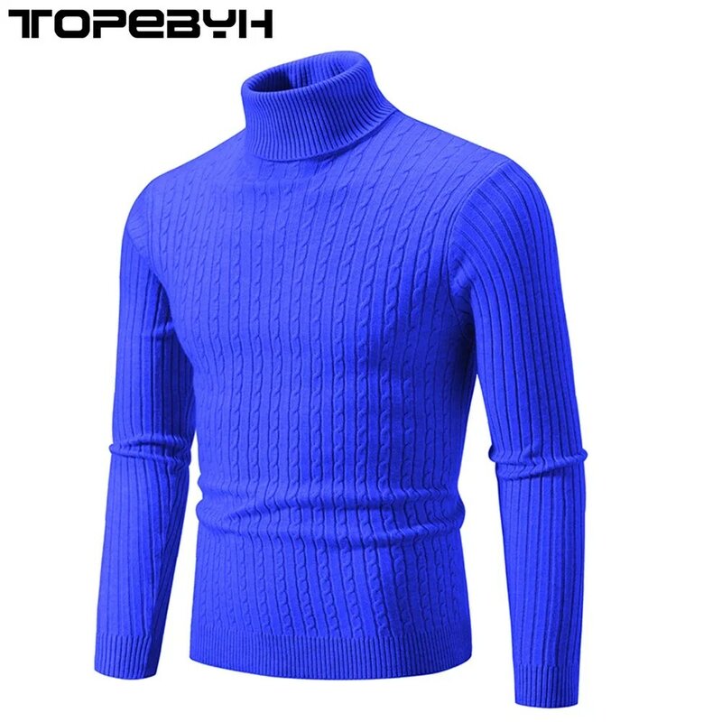 Suéter de malha de gola alta masculino, slim fit, manga longa, quente, cor sólida, tendência, outono, inverno