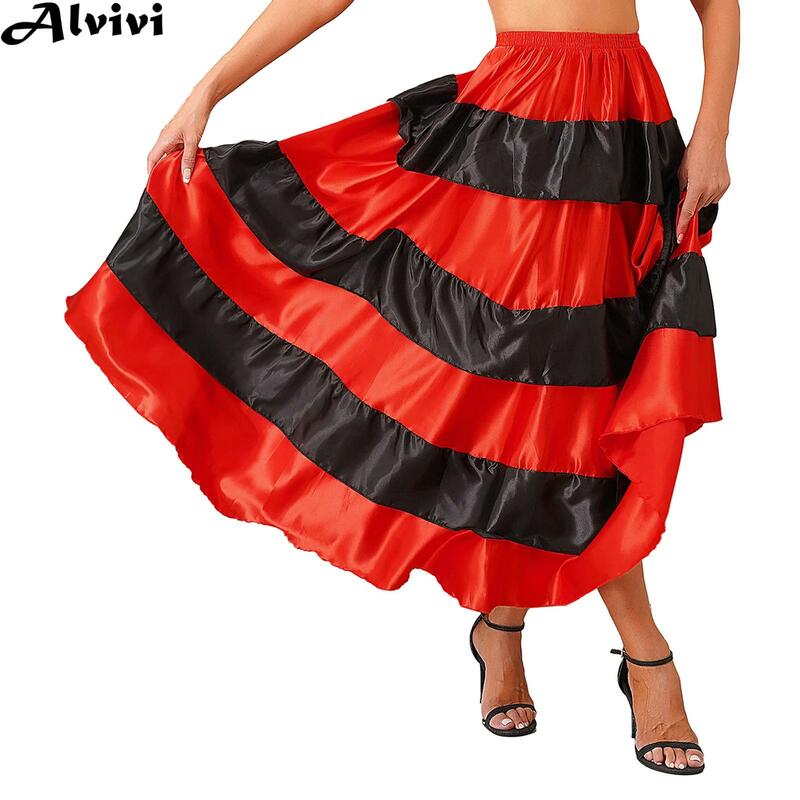 Women Spanish Paso Doble Stage Performance Skirt Ballroom Flamenco Latin Dance Tango Dancewear Tiered Ruffle Wide Hemline Skirts