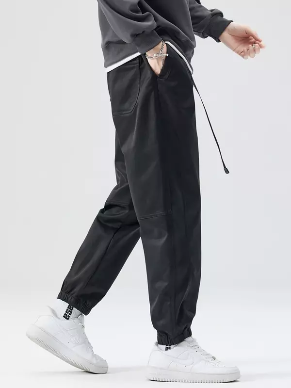 กางเกงคาร์โก้แฟชั่นเกาหลีผู้ชายใหม่2024สำหรับฤดูใบไม้ร่วงกางเกงทรงหลวมเอวสูง celana joger โพลีเอสเตอร์แบบลำลองพร้อมเข็มขัด