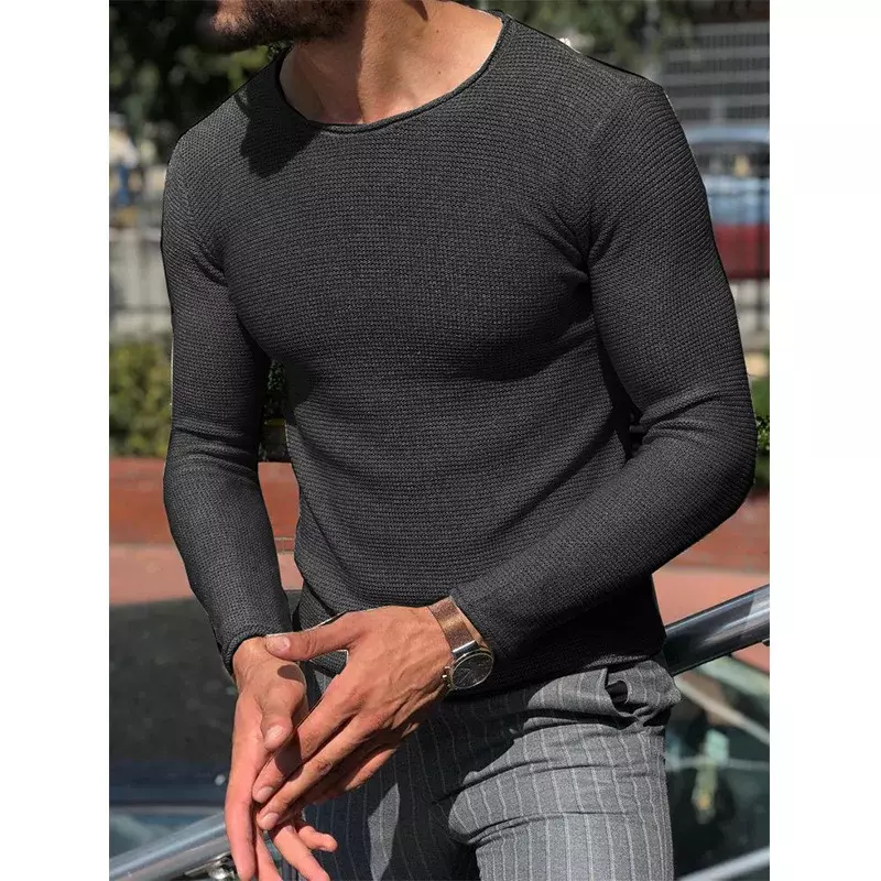 Мужской повседневный Однотонный свитер с круглым вырезом, весенний модный вязаный пуловер, топы для мужчин, новинка 2023, рубашка с длинным рукавом, уличная одежда