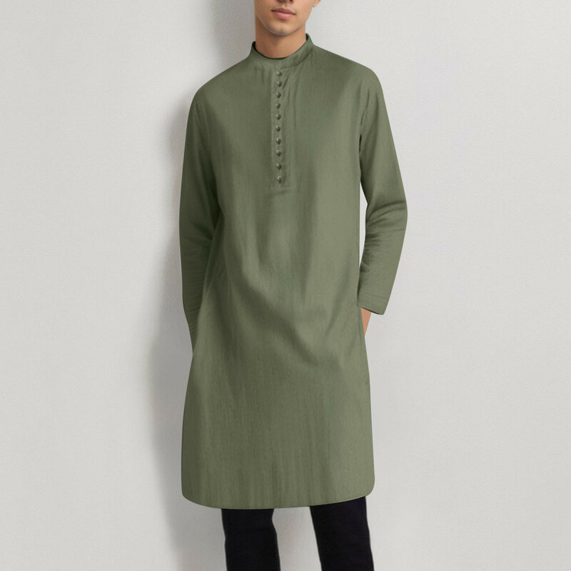 Robe muçulmano para homens, Robe médio árabe, Casaco manga comprida, Bolso bordado, Roupa de oração