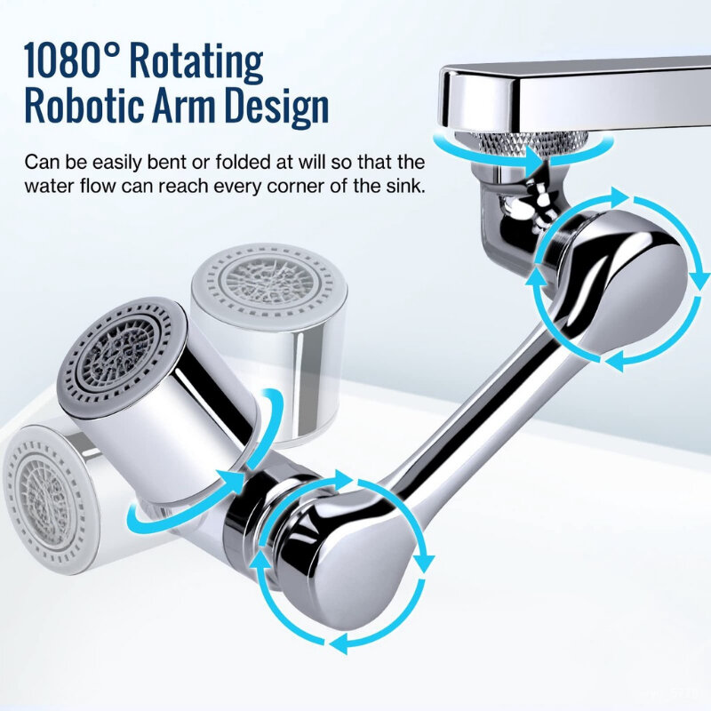 Aerador de torneira giratória com modo duplo, torneira de cozinha estender bico de água, 22mm, adaptador 24mm, torneira borbulhadora, braço robótico, 1080 °