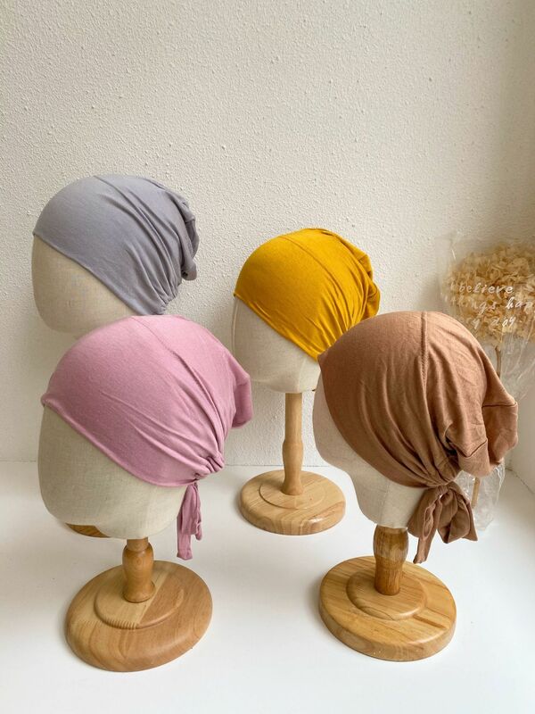 Gorros con bufanda para mujer, hijab musulmán de Color sólido, suave, elástico, para la cabeza, turbante