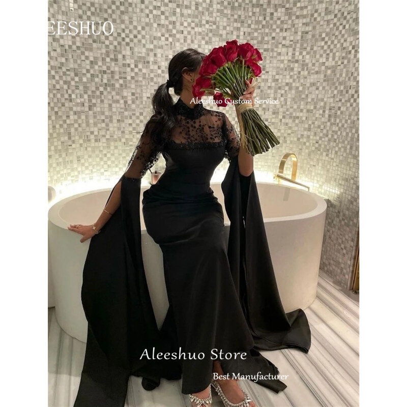 Aleeshuo Saudi Arabia Elegant Black Mermaid Prom Gowns High Neck Half Sleeves Sexy Illusion Beaded Pleat Floor-Length 2024