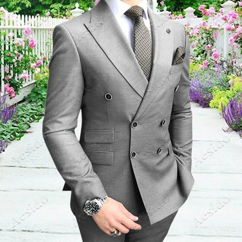 Double Breasted Slim Fit Men Suit For Groomsmen 2 Piece Wedding Tuxedo With Peaked Lapel Light Gray Custom Male Fashion Clothes