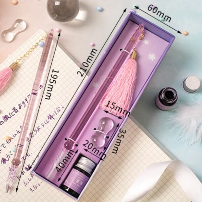 Transparent Crystal Glass Pen with Tassels Student Stationery Glitter Pen Gifts Box Dip Pen Set with Ink