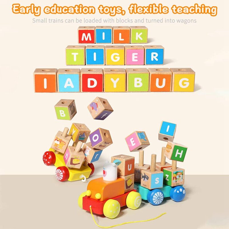 Zabawki dla dzieci, ciągnij drewniany pociąg zabawki, 26 szt. Litery alfabetu zestaw bloku zabawki edukacyjne dla 3 + lat