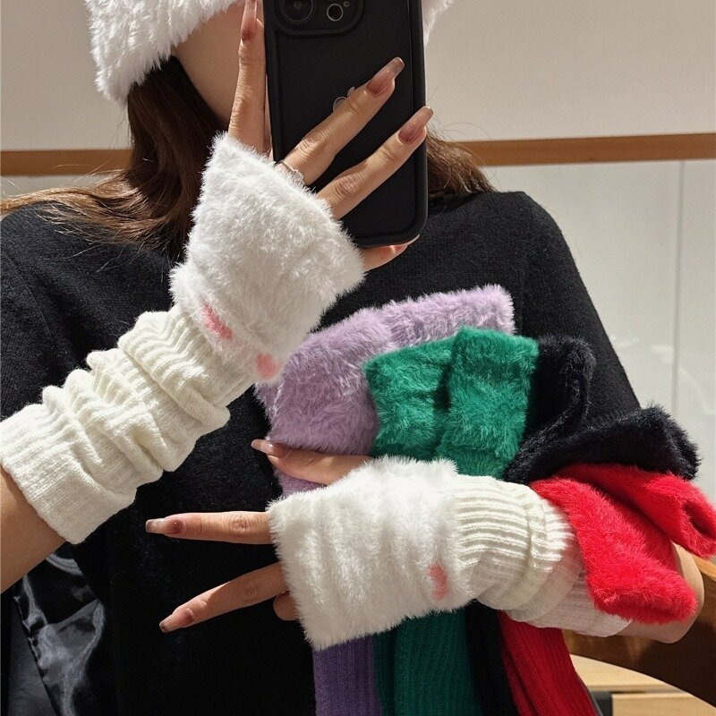 Women's Mink Fleece Knitted Winter Gloves Girls Y2K Love Heart Embroidery Half Finger Glove Black White Plush Warm Wrist Mittens