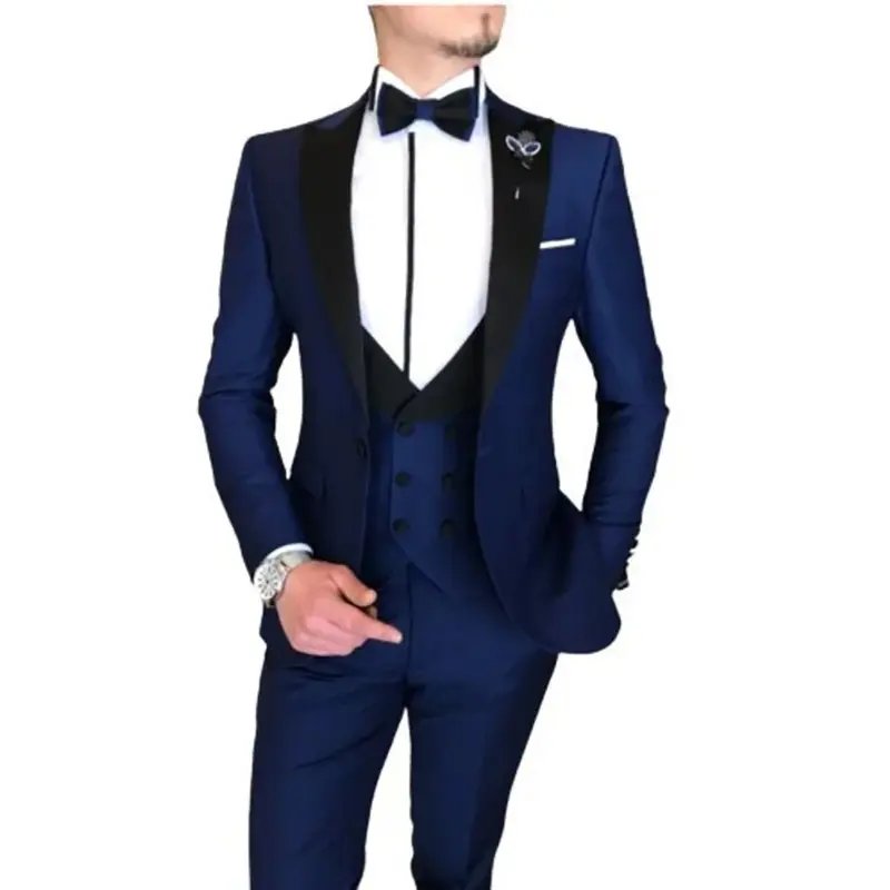 Trajes personalizados para hombres, Blazer azul marino, solapa de Pico Negro, chaqueta de un solo pecho, pantalones, chaleco Delgado, trajes formales de boda, 3 piezas