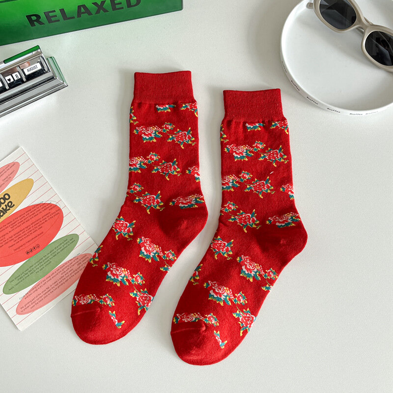 Men'S Socks Women'S Socks Chinese Traditional Big Red Big Green Flower Color, Personality New Fashion Size: 36-44 1 Pair