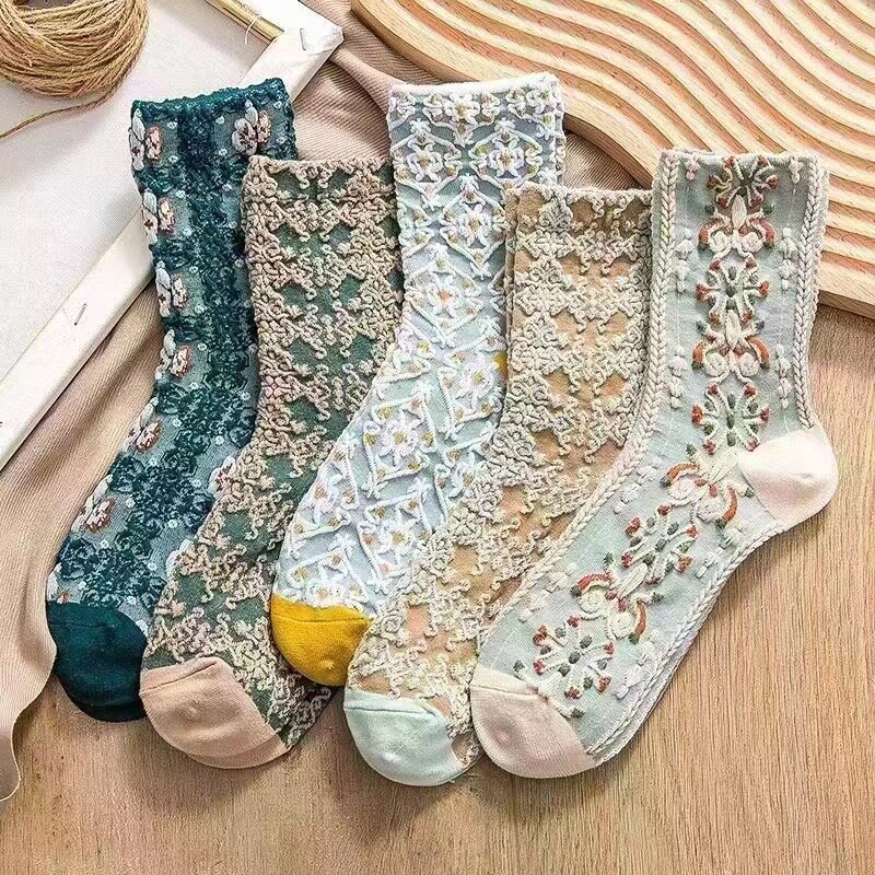 Neue 5 Paare Frauen Vintage süße Socken Set weibliche Dame Harajuku Kawaii Mädchen Blumen sport kurze Socken Set für Frauen