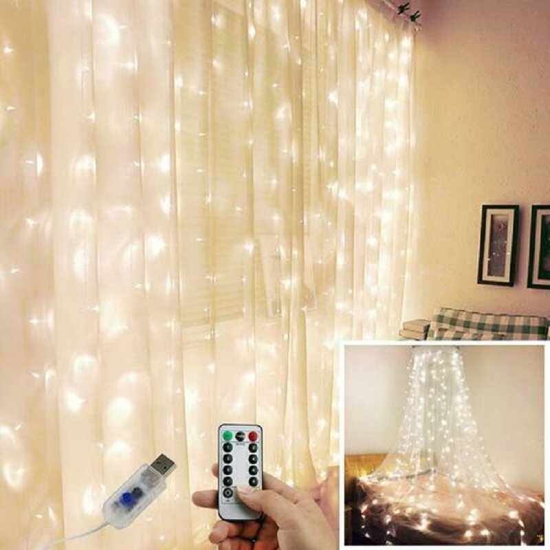 Lampu gorden LED 3M, lampu hias rumah kamar tidur, lampu karangan bunga, lampu USB kendali jarak jauh, lampu String berwarna putih hangat