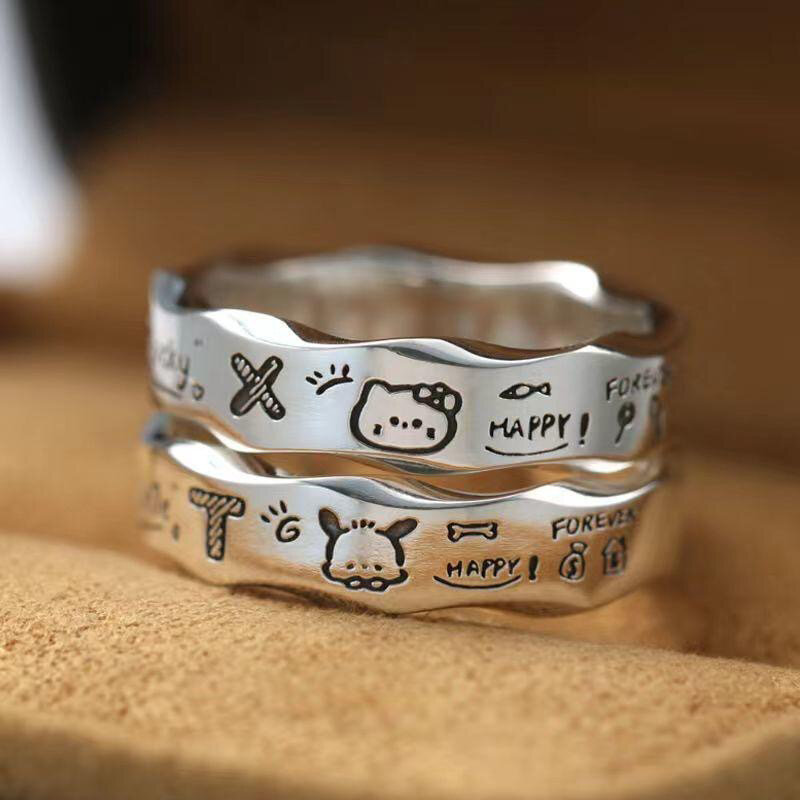 Anillos de borde ondulado de Graffiti minimalista para mujer, anillo de Pochacco de gatito Sanrio de dibujos animados, joyería de moda, accesorios de fiesta