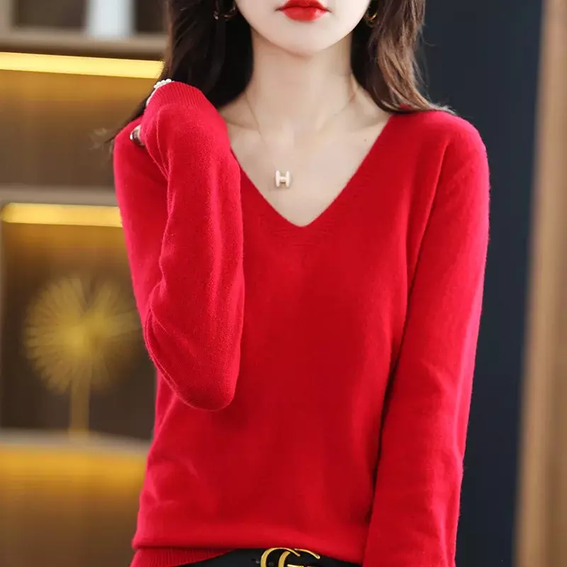 Suéter de punto de manga larga con cuello en V para mujer, Jersey ajustado, cálido, moda coreana, otoño e invierno, 2024