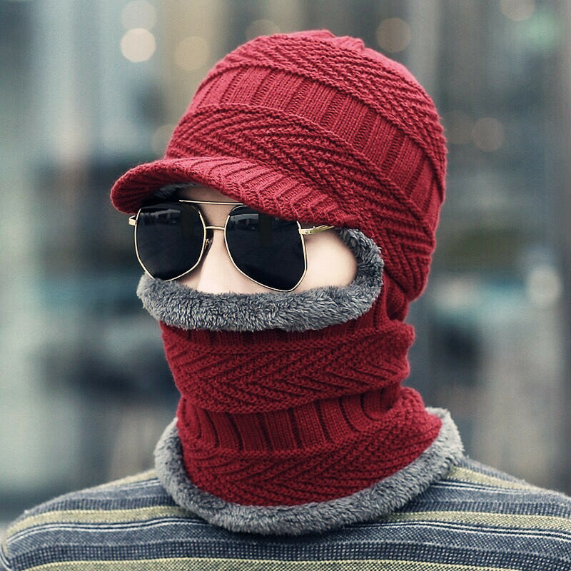 メンズニットぬいぐるみ帽子、スキー帽子、防風屋外帽子、厚いシャムスカーフカラー、暖かい顔のbeanies、冬