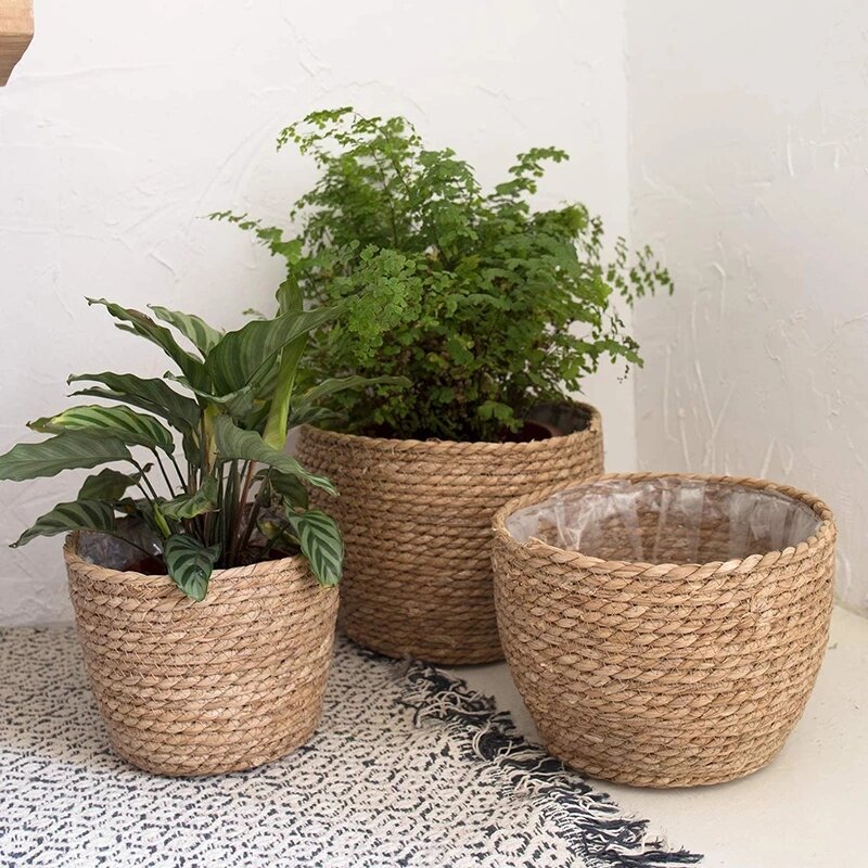 Palha de tecelagem flor planta pote cesta grama plantador cesta interior ao ar livre vaso de flores capa planta recipientes para plantas plantáveis