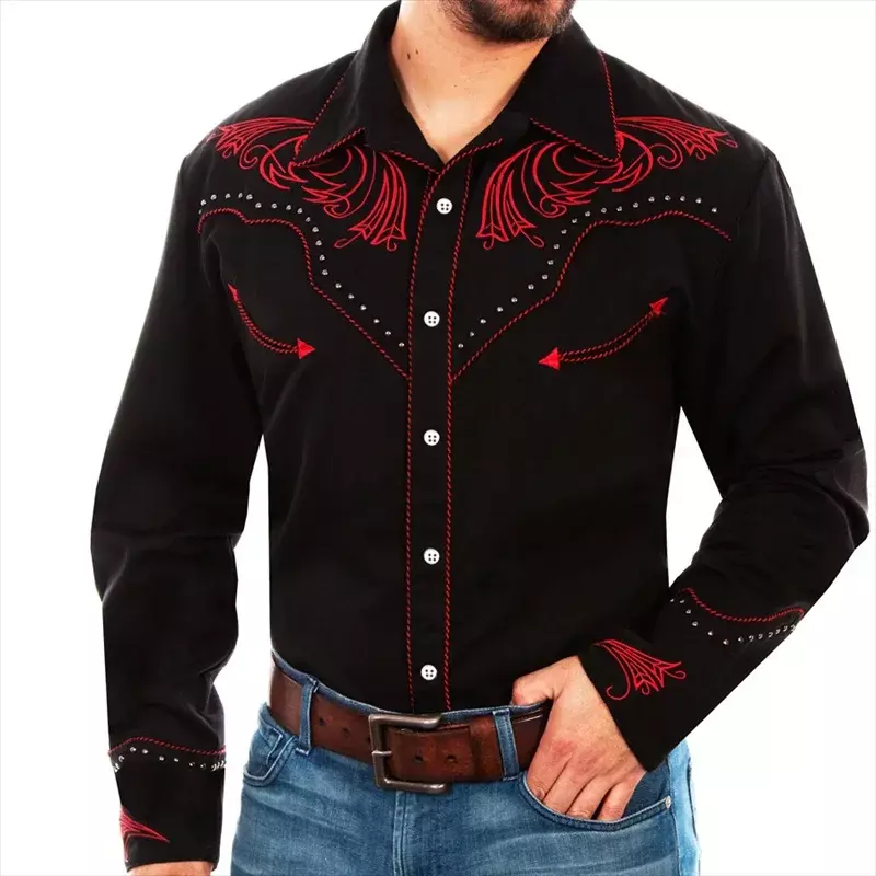 Camisa ocidental manga longa masculina, padrão jeans, punho de folha, design de botão, blusa casual, moda rua ao ar livre