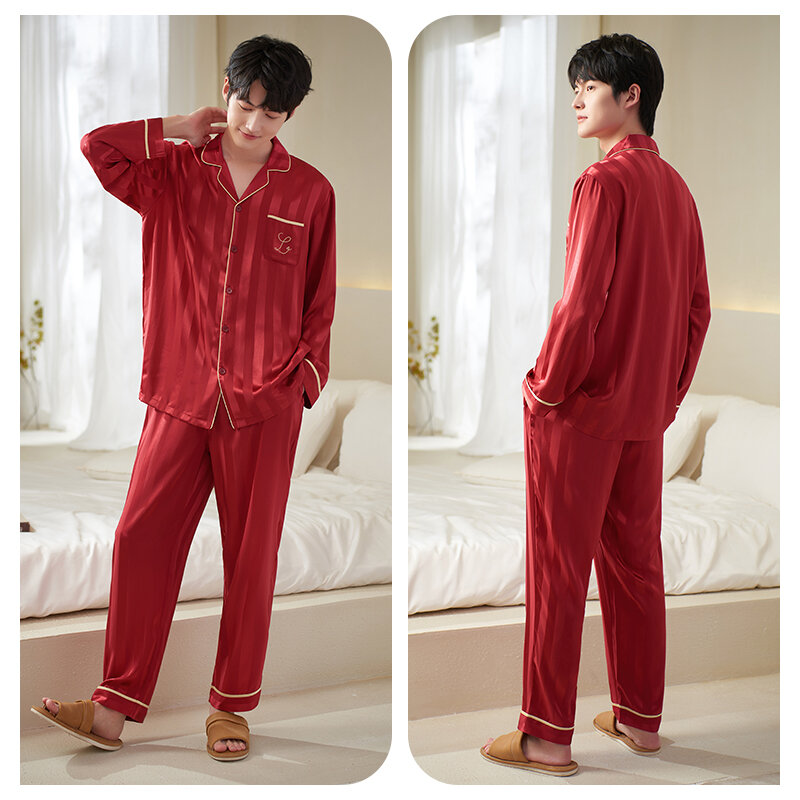 Conjuntos de pijama de cetim seda masculino, pijamas listrados, pijamas masculinos, roupas domésticas, casaco primavera, 3XL