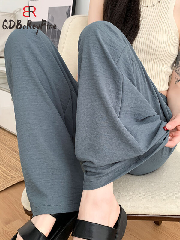 Брюки женские повседневные с завышенной талией, свободные штаны с широкими штанинами, модные однотонные тонкие прямые штаны в Корейском стиле, черные, лето