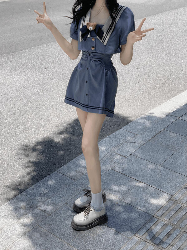 Japan JK Women Trendy Preppy Style Bow Sweet Chic Short Sleeve Dresses Summer Vintage Square Neck Button Slim Midi Dress