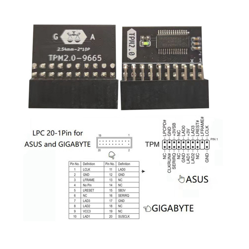 Módulo de Proteção LPC para ASUS TPM-L R2.0, 2X LPC, 20-Pin, Gigabyte GC-TPM2.0 Compatível, 20-1 L2P7