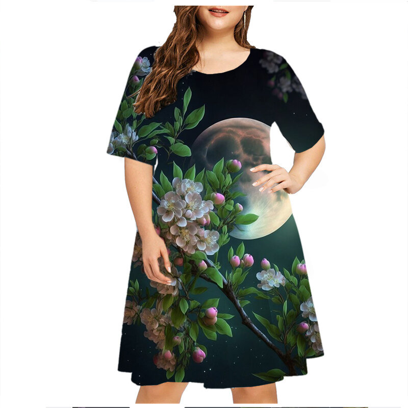 Gaun musim panas wanita, Gaun pantai lengan pendek motif bunga daun Lotus longgar ukuran besar kasual