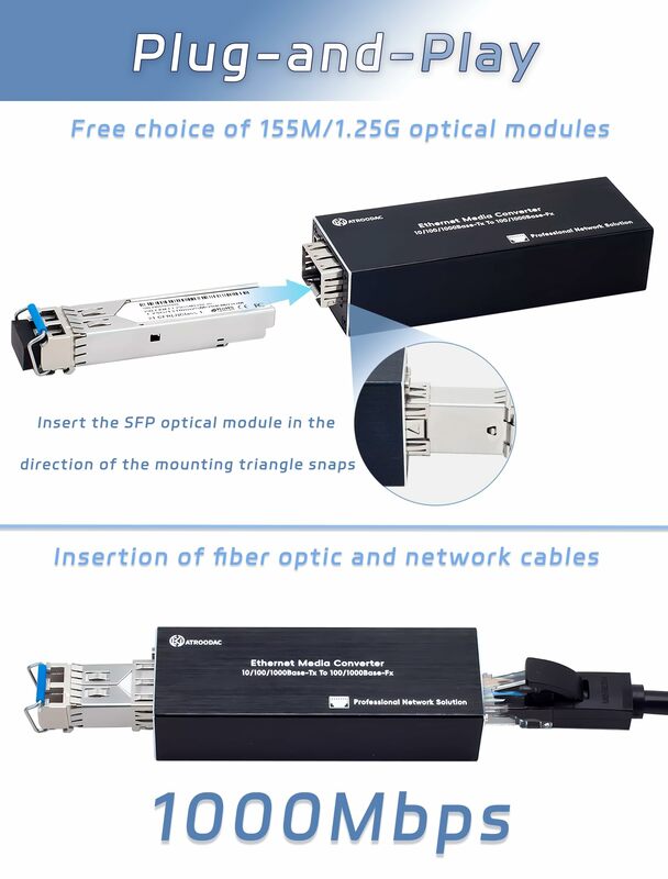 Conversor de fibra Ethernet Plug and Play, alojamento durável do metal, Mini Ethernet PoE, PD, SFP, RJ45 ,SFP, 100 m, 1000m