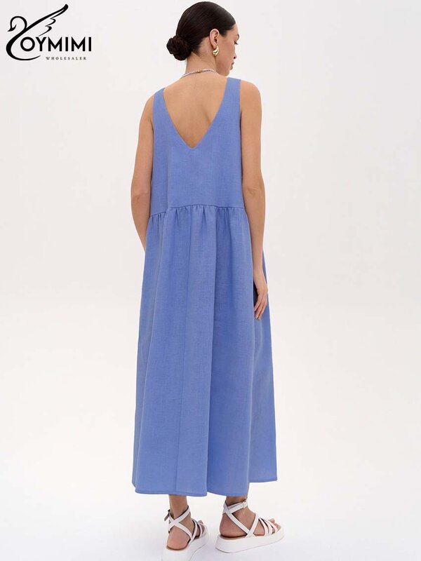 Oymimi Summer Blue Cotton Womens Dresses Elegant V-Neck Sleeveless Solid Dresses Casual High Waisted Mid-Calf Dress Streetwear