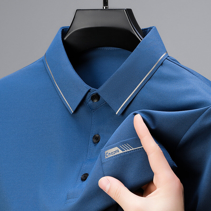 เสื้อโปโลแขนสั้นผ้าไอซ์ซิลค์สำหรับผู้ชาย, ใหม่2024เสื้อยืดลำลองทรงหลวมระบายอากาศ