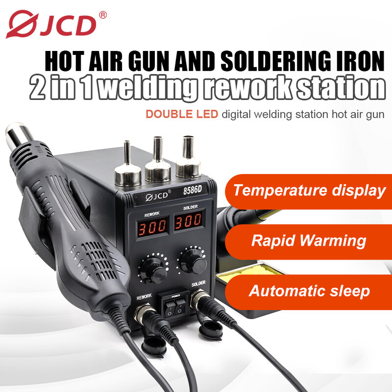 JCD 750W 8586D stasiun solder 2 IN 1, stasiun pengerjaan ulang pengelasan SMD besi solder elektrik tampilan Digital ganda LCD senapan angin panas