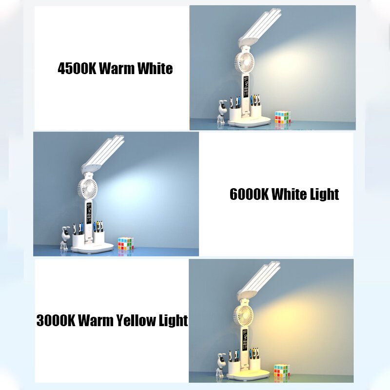 Lampe de Table LED Multifonction 3 en 1, Pliable à Quatre Têtes, avec Ventilateur, Calendrier, Horloge, Rechargeable par USB, Luminaire de Bureau, 3 Couleurs