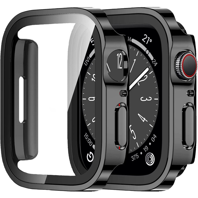 Vidro e Case para Apple Watch, Protetor de Tela Borda Reta, Capa, 45mm, 41mm, 49mm, 44mm, 40mm, iWatch 4, 5, SE, 6, 7, 8 ultra