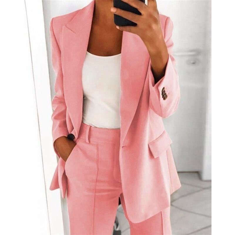 Autumn Women Single Button Nothched Collar Blazer Fashion Femme Long Sleeve Jackets Pocket Design Coat Elegant Office Outfits