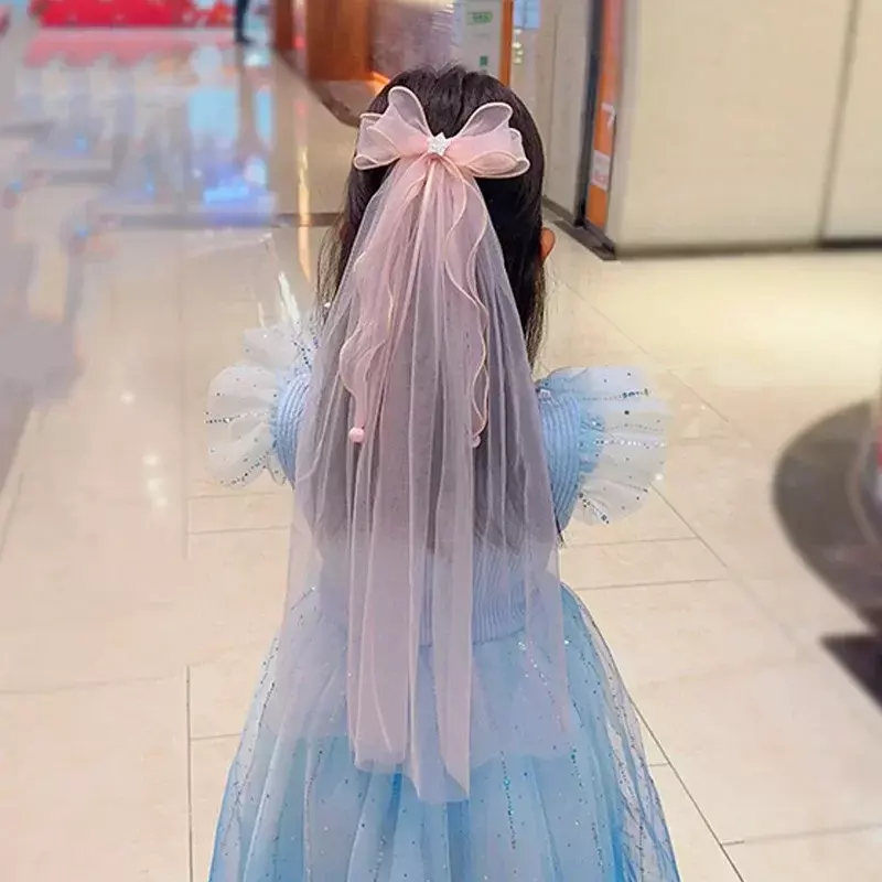 Épingle à cheveux princesse Elsa congelée pour enfants, épingle à cheveux ruban en maille, nœud fille, épingle à cheveux Piaosha, pompon Kawaii, cadeau d'anniversaire pour enfant